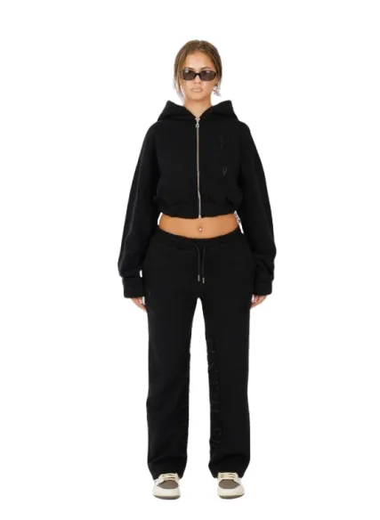 YFM Women’s Cropped Zip Hoodie & Joggers Set (Black, Medium)